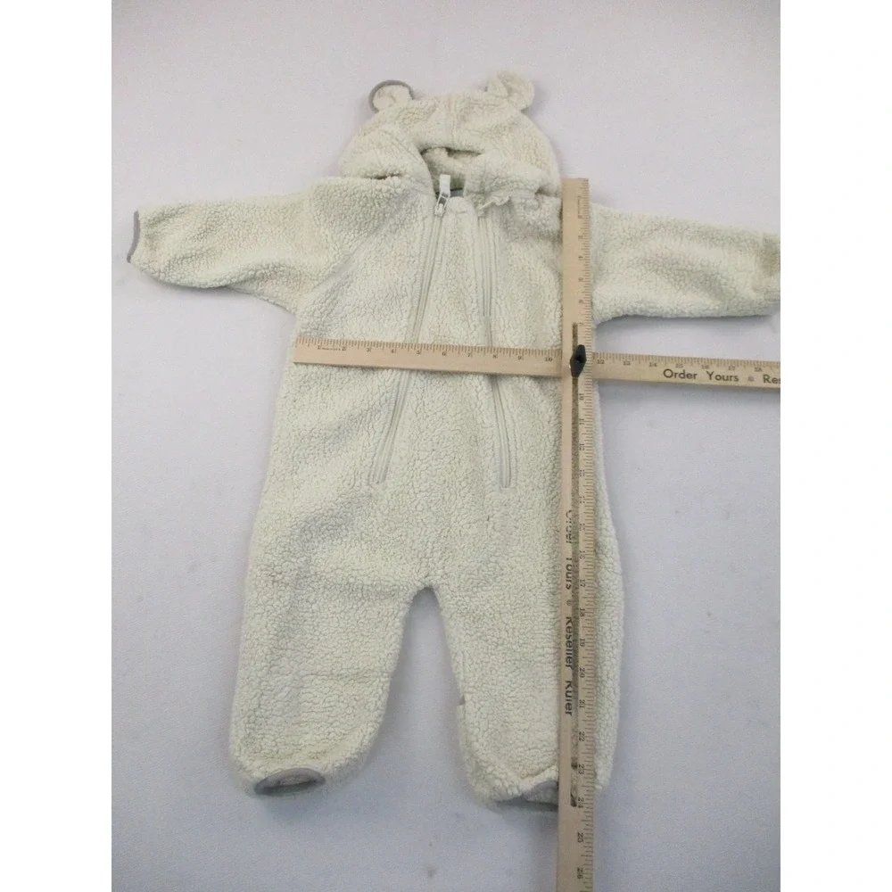 LL Bean Fleece Bunting Unisex 3-6M Cream Hi-Pile Sherpa Bear Ear Hood 244704